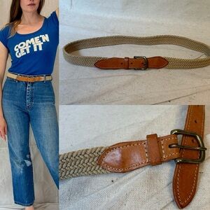 Vintage 90s Minimalist Beige Braided Cotton & Brown Leather Belt size S/M
